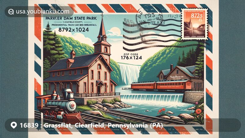 Modern illustration of Grassflat, Clearfield County, Pennsylvania, showcasing postal theme with ZIP code 16839, featuring Parker Dam State Park, The Presidential Train Car B&B, and Saint Severin Old Log Church.