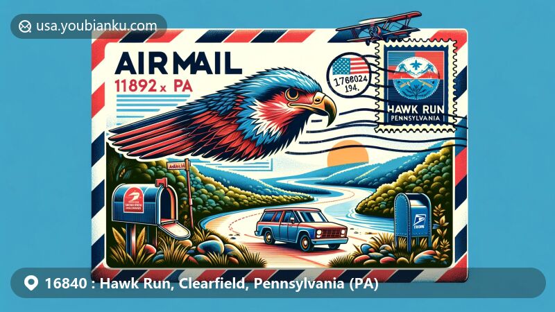 Modern illustration of Hawk Run, Pennsylvania showcasing postal theme with ZIP code 16840, featuring Moshannon Creek elements, Pennsylvania flag, and Hawk Run, PA postmark.