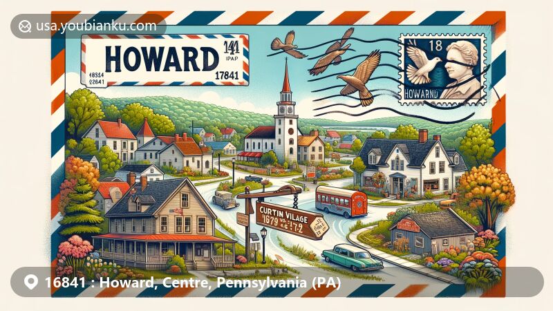Modern illustration of Howard, Centre County, Pennsylvania, highlighting ZIP code 16841, with iconic landmarks like Curtin Village and Bald Eagle State Park, integrating postal themes with vintage airmail elements.