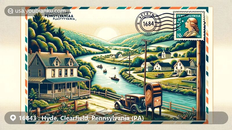 Modern illustration of Hyde, Clearfield County, Pennsylvania, capturing tranquil rural landscape near the West Branch Susquehanna River, featuring vintage postcard motif with postal elements and American mailbox.
