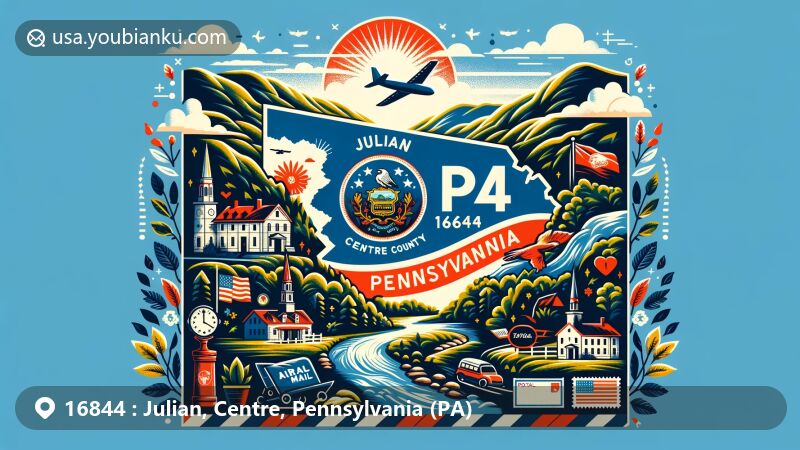 Modern illustration of Julian, Centre County, Pennsylvania, inspired by postal theme with ZIP code 16844, featuring Bald Eagle Creek valley, Bald Eagle Mountain, and symbolic elements like the Pennsylvania state flag and Centre County map.