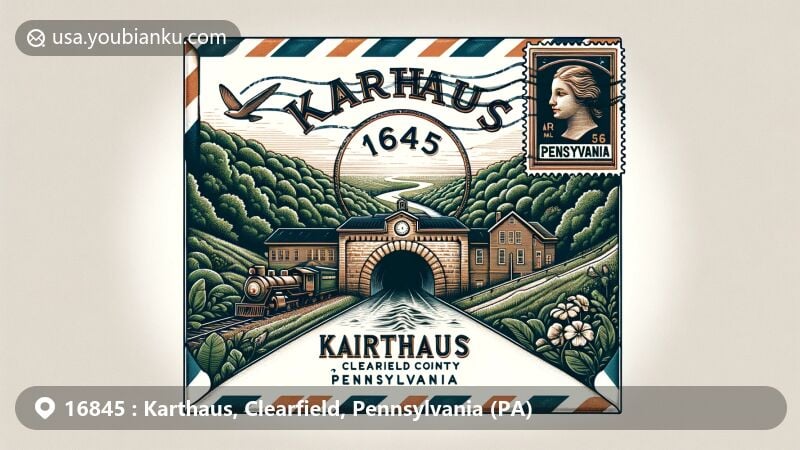 Modern illustration of Karthaus, Clearfield County, Pennsylvania, featuring historic Karthaus Tunnel in a scenic setting with lush greenery, enclosed in an air mail envelope with vintage stamp displaying state flag, Karthaus postmark, and ZIP code 16845.