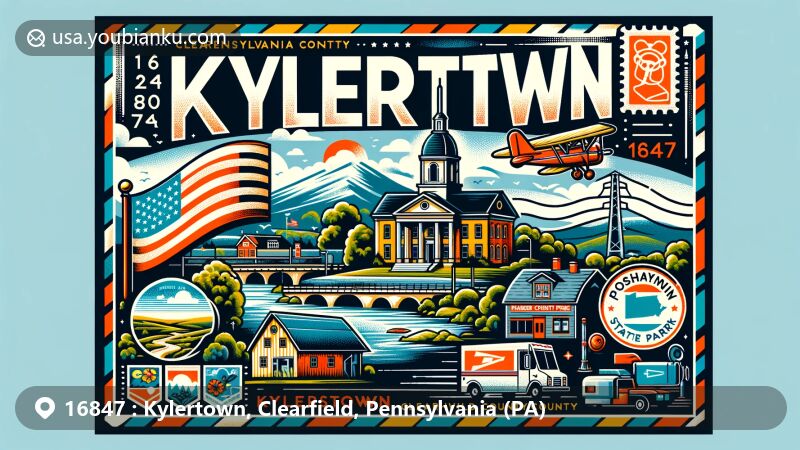 Modern illustration of Kylertown, Clearfield County, Pennsylvania, showcasing postal theme with ZIP code 16847, featuring Pennsylvania state flag, Clearfield County outline, and landmarks like Curwensville Lake, Moshannon State Forest, Parker Dam State Park, and Clearfield County Courthouse.