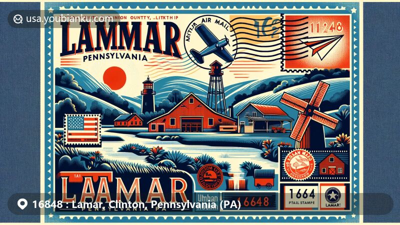 Modern illustration of Lamar, Clinton County, Pennsylvania, showcasing postal theme with ZIP code 16848, featuring Nittany, Logan Mills Gristmill, and Pennsylvania state flag.