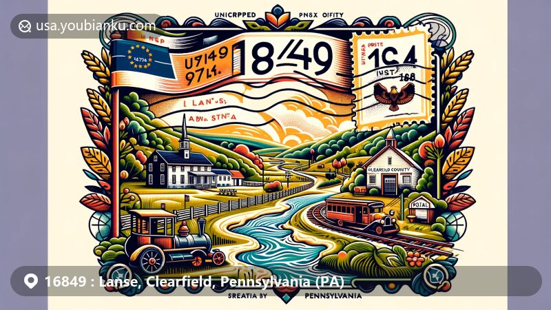 Modern illustration of Lanse, Clearfield County, Pennsylvania, capturing postal theme with ZIP code 16849, featuring state flag and coordinates (40.97500°N, 78.12944°W).