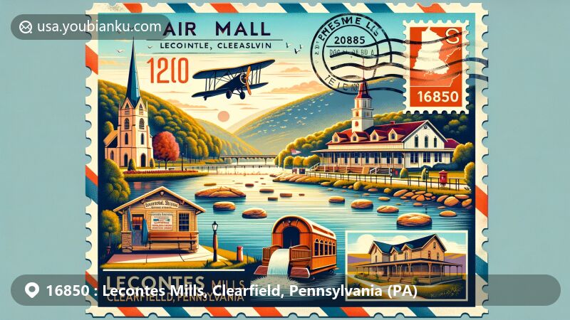 Vintage illustration of Lecontes Mills, Clearfield, Pennsylvania, featuring air mail envelope with local landmarks like Parker Dam State Park, Presidential Train Car B&B, and Saint Severin Old Log Church, against backdrop of Pennsylvania state flag and postage stamp design.
