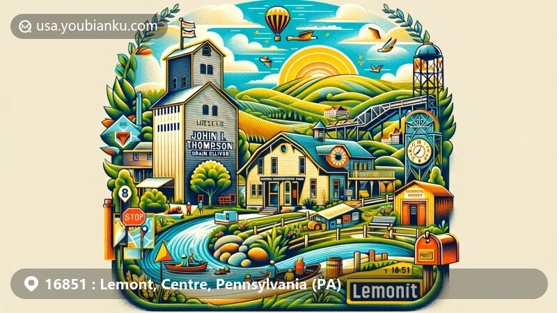 Modern illustration of Lemont, Centre County, Pennsylvania, featuring the John I. Thompson Grain Elevator, Mount Nittany, Spring Creek, Village Green activities, old-fashioned mailbox, and ZIP code 16851.