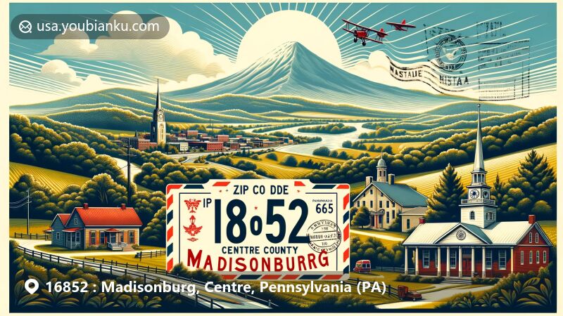 Modern illustration of Madisonburg, Centre County, Pennsylvania, depicting picturesque landscape nestled in Brush Valley with Appalachian Mountains, including Nittany and Brush Mountains in the background, featuring postal-themed elements like air mail envelope and vintage stamp.