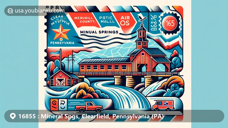 Modern illustration of Mineral Springs, Clearfield County, Pennsylvania, with Pennsylvania state flag, Clearfield County outline, and McGees Mills Covered Bridge, postal elements, and ZIP code 16855.
