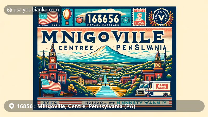 Modern illustration of Mingoville, Centre County, Pennsylvania, highlighting ZIP code 16856, showcasing Nittany Valley with Nittany Mountain in the background, featuring Pennsylvania state flag and Centre County's outline, styled as a postcard with vintage postage stamps and local landmarks.