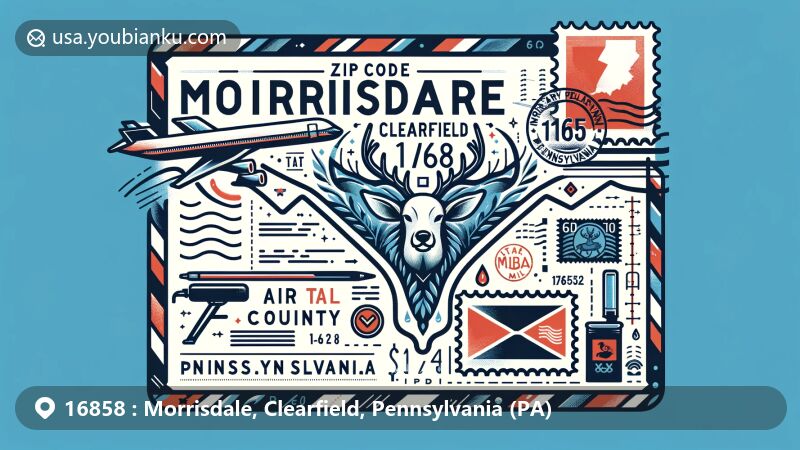 Modern illustration of Morrisdale, Clearfield County, Pennsylvania, showcasing postal theme with ZIP code 16858, featuring Pennsylvania state symbols like the white-tailed deer.