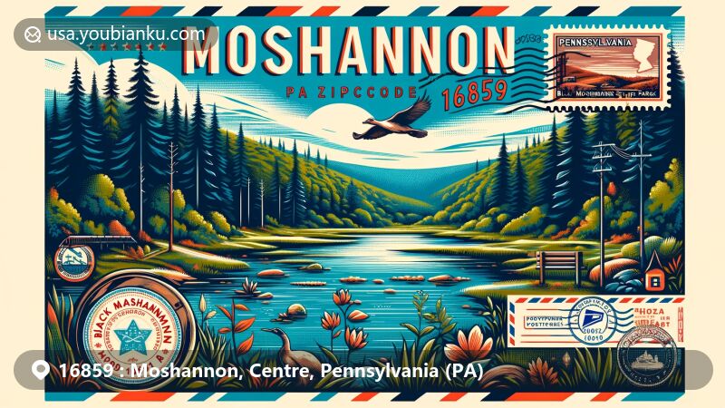 Contemporary illustration of Moshannon, Centre County, Pennsylvania, featuring Black Moshannon State Park, vintage postcard with Pennsylvania state flag, postal stamp, and local wildlife.