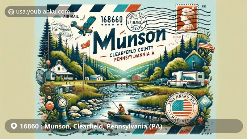 Modern illustration of Munson, Clearfield County, Pennsylvania, showcasing serene atmosphere and outdoor activities in state parks and forests, including fishing, biking, and camping, with postal theme elements like air mail envelope, vintage stamp, and Munson postmark.