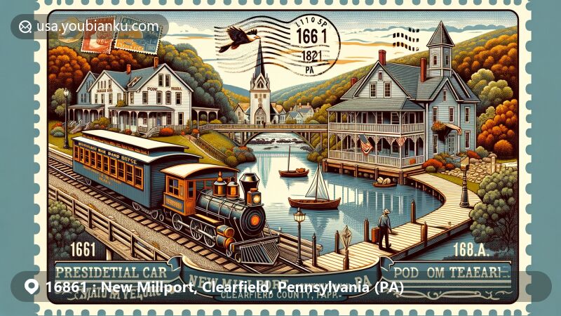 Modern illustration of New Millport, Clearfield County, Pennsylvania, showcasing postal theme with ZIP code 16861. Includes Presidential Train Car B&B, Parker Dam State Park, Saint Severin Old Log Church, and Victorian homes.