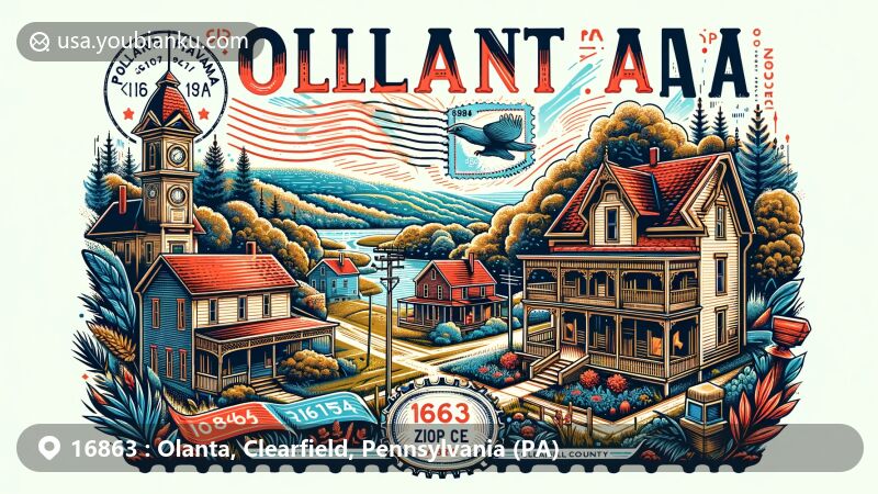 Modern illustration of Olanta, Clearfield County, Pennsylvania, featuring historical sites like Bloody Knox Log Cabin and Victorian homes from Old Town Historic District, blended with postal elements like postcard frame, stamp, and postmark, showcasing ZIP code 16863 and Olanta, PA.