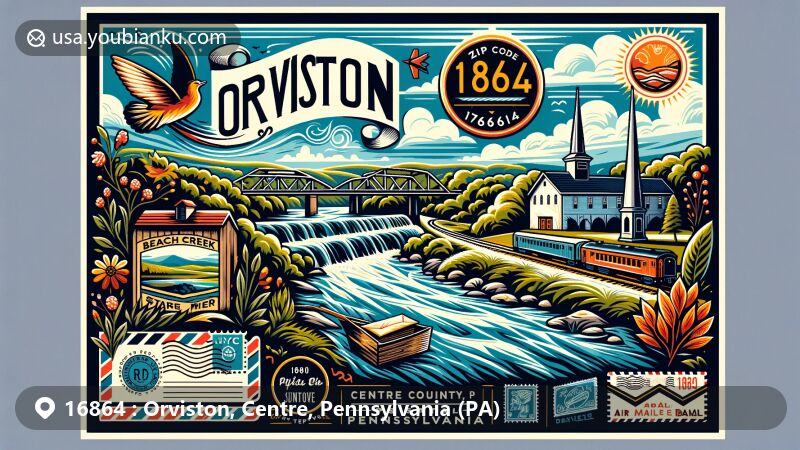 Modern illustration of Orviston, Centre County, Pennsylvania, featuring ZIP code 16864, Beech Creek, NYC RR railroad bridge over Hayes Run, Centre County outline, and Pennsylvania state symbols.