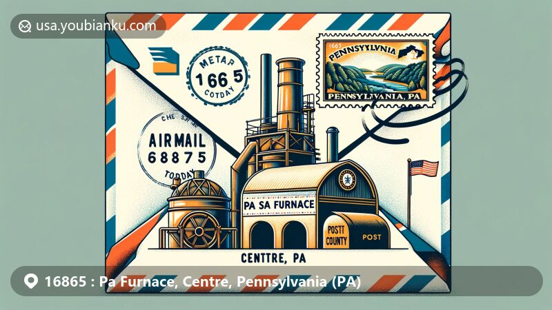 Modern illustration of Pa Furnace area in ZIP code 16865, combining historical and regional features with postal elements, including iron furnace, Pennsylvania state flag, Centre County outline, stamps, postmarks, and mailbox.