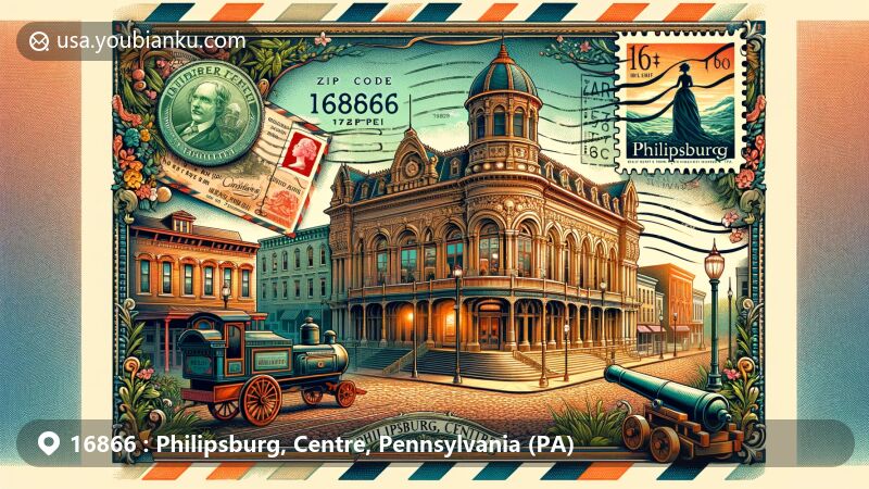 Vintage postcard design showcasing Philipsburg, Centre, Pennsylvania with historical landmarks like Rowland Theater and Union Church, against Philipsburg Historic District architectural backdrop.