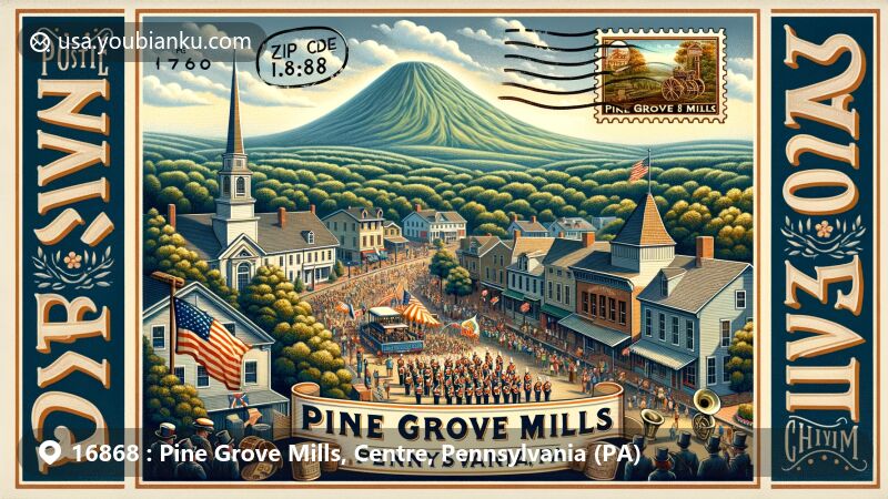 Modern illustration of Pine Grove Mills, Centre County, Pennsylvania, featuring Tussey Mountain and community scene with historic village events, postal heritage elements, vintage stamp, and ZIP code 16868.