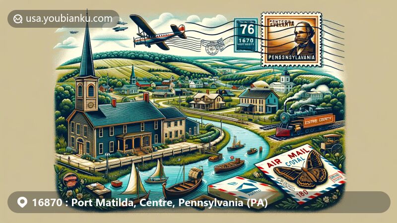 Creative illustration of Port Matilda, Centre County, Pennsylvania, with a postal theme showcasing ZIP Code 16870, including elements of local history and small-town charm.