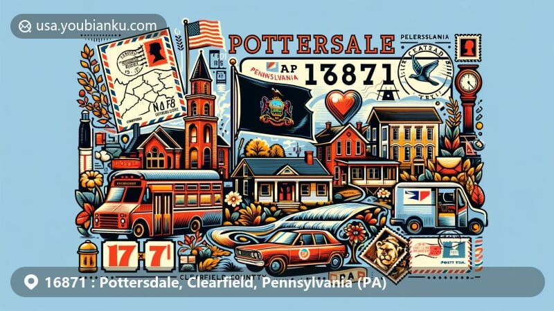 Modern illustration of Pottersdale, Clearfield County, Pennsylvania, featuring PA state flag, Clearfield County outline, and postal elements, in a balanced composition with vibrant colors.
