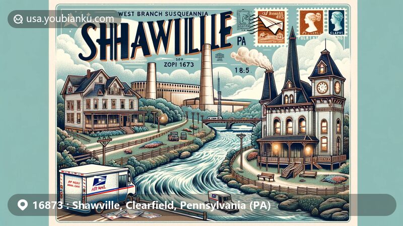 Modern illustration of Shawville, PA, in Clearfield County, Pennsylvania, showcasing West Branch Susquehanna River, Shawville Generating Station, Victorian homes, and postal elements with ZIP code 16873.