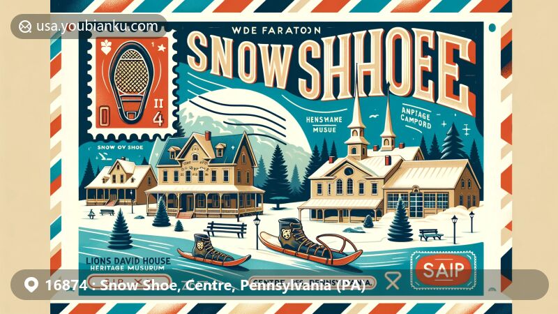 Modern illustration of Snow Shoe, Centre County, Pennsylvania, highlighting local landmarks and cultural heritage, including Lions David House Heritage Museum and Snow Shoe Park Campground.