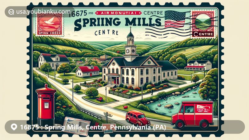 Modern illustration of Spring Mills, Centre County, Pennsylvania, highlighting the Old Gregg School Community Center and the convergence of Sinking Creek and Penns Creek. Features elements of a postcard with Pennsylvania state symbols, Centre County outline, and postal elements like a red postal box and mail delivery truck.