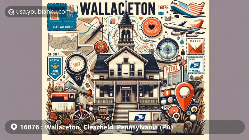 Modern illustration of Wallaceton, Clearfield County, Pennsylvania, featuring postal theme with ZIP code 16876, showcasing local landmarks and symbols representative of the borough and Clearfield County's eastern region.