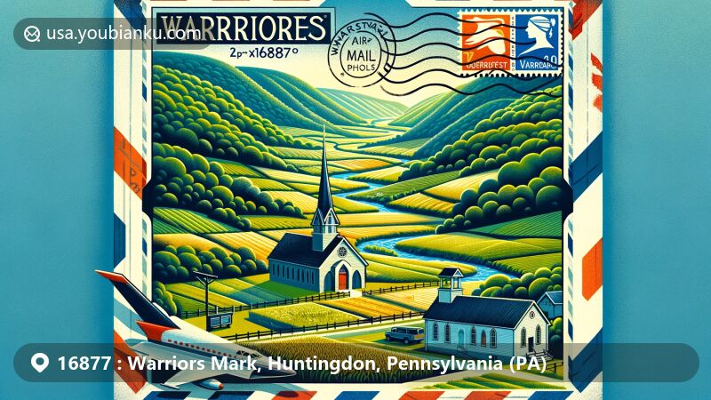 Modern illustration of Warriors Mark, Pennsylvania, capturing rural charm and agricultural character, featuring United Methodist Church, post office, and scenic valley nestled between ridges in Central Pennsylvania, highlighted with ZIP code 16877 and air mail envelope.