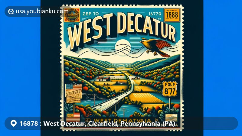 Modern illustration of West Decatur, Clearfield County, Pennsylvania, showcasing postal theme with ZIP code 16878, featuring the natural landscape and subtle references to the historical Philipsburg and Susquehanna Turnpike connection.