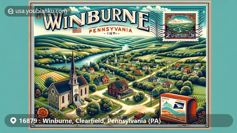 Modern illustration of Winburne, Pennsylvania, displaying postal theme with ZIP code 16879, featuring Saint Severin Old Log Church and Parker Dam State Park, and elements of Pennsylvania state flag and Clearfield County's outline.