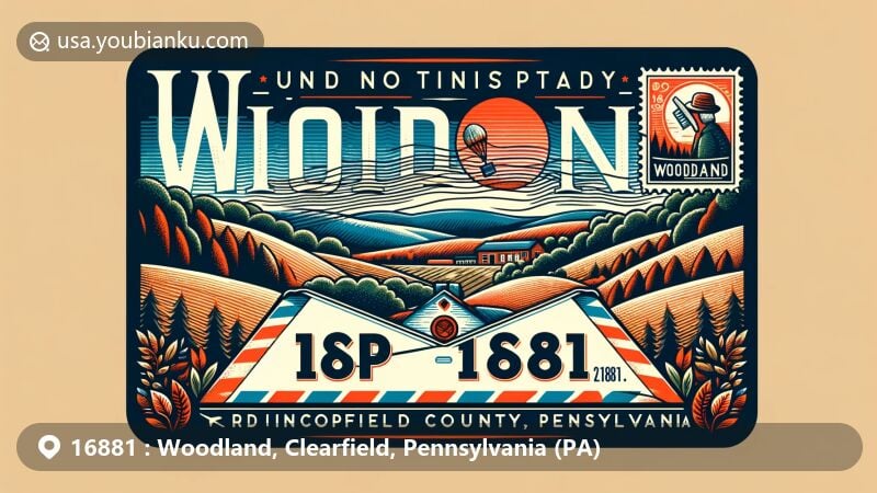 Modern illustration of Woodland, PA, Clearfield County, showcasing postal theme with ZIP code 16881, featuring rural landscapes and a vintage airmail envelope with Pennsylvania state flag stamp.