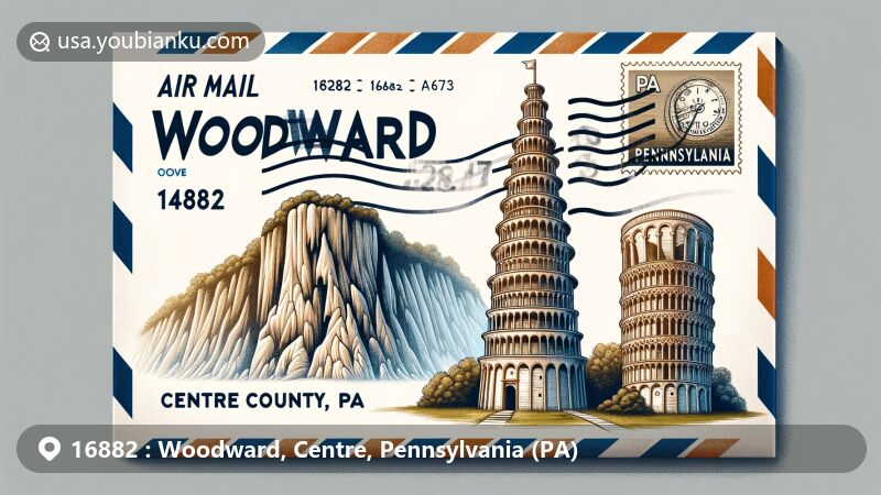 Modern illustration of Woodward, Centre County, Pennsylvania, with postal theme showcasing ZIP code 16882, featuring Woodward Cave and the Tower of Babel stalagmite.
