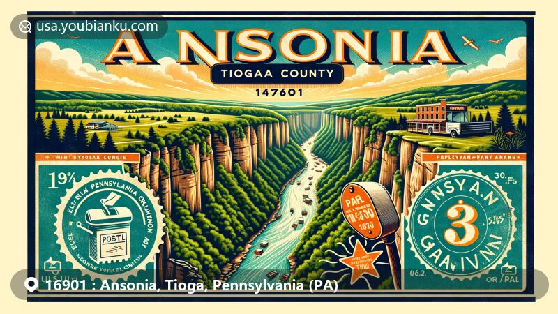Modern illustration of Ansonia, Tioga, Pennsylvania (PA), showcasing iconic Pine Creek Gorge, known as the Pennsylvania Grand Canyon. Features vintage postcard style with aerial view of lush greenery and winding Pine Creek. Includes postal elements like antique stamps, postal cancellation with ZIP code '16901', and a traditional mailbox icon. Blend of modern and retro charm, highlighting 'Ansonia, Tioga, PA' and 'Explore the Beauty of Pennsylvania Grand Canyon'. Perfect for tourism or postal service websites.