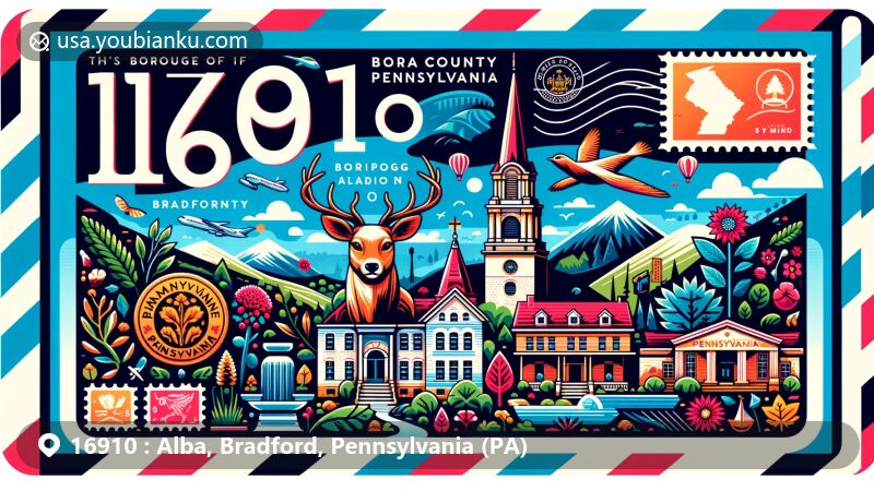 Modern illustration of Alba, Bradford County, Pennsylvania, showcasing postal theme with ZIP code 16910, featuring state symbols Mountain Laurel and White-Tailed Deer.