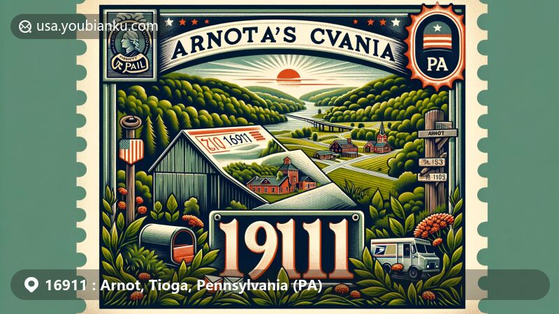 Modern illustration of Arnot, Tioga County, Pennsylvania, in ZIP code 16911, showcasing postal theme with lush greenery, small-town vibe, and Pennsylvania state symbols.