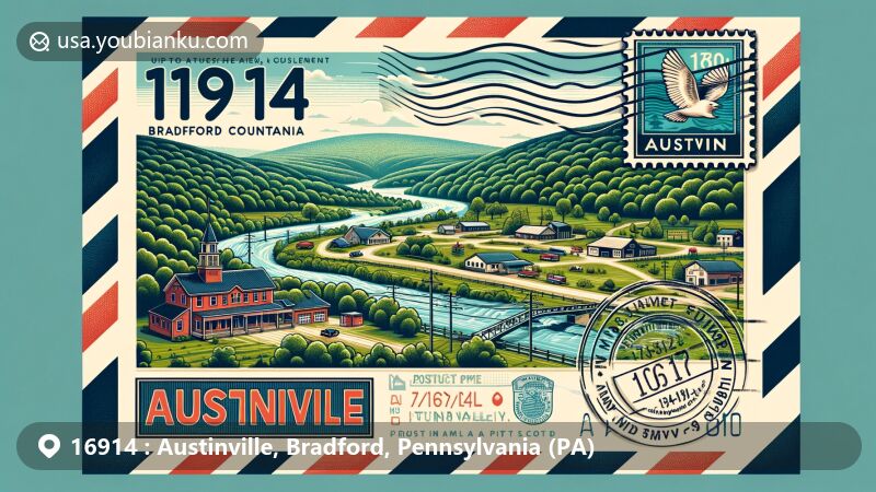 Modern illustration of Austinville, Bradford County, Pennsylvania, capturing the charm of 16914 ZIP code area, featuring Tuna Valley, Mount Raub, and local culture.