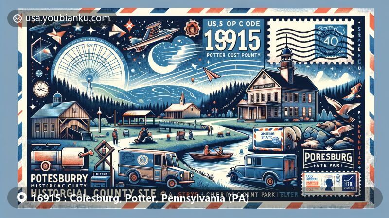 Modern illustration of Colesburg, Potter County, Pennsylvania, highlighting ZIP code 16915, featuring Potter County Historical Society, Cherry Springs State Park, and various outdoor activities.