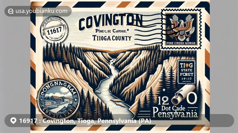 Modern illustration of Covington, Tioga County, Pennsylvania, showcasing postal theme with ZIP code 16917, featuring Pine Creek Gorge and vintage air mail elements.