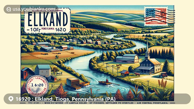 Modern illustration of Elkland, Pennsylvania, showcasing pioneer settlers and rural charm, with farming, forestry, and the Cowanesque River. Features antique postal stamp with ZIP code 16920, postmark, and air mail envelope, set against rolling hills and forests of North Central Pennsylvania.
