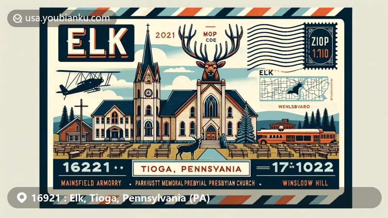 Modern illustration of Elk, Tioga, Pennsylvania, with Mansfield Armory, Parkhurst Memorial Presbyterian Church, Wellsboro Historic District, and Winslow Hill elk viewing areas.