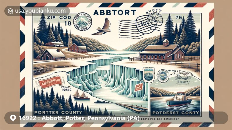 Modern illustration of Abbott, Potter County, Pennsylvania, featuring postal theme with ZIP code 16922, showcasing Lyman Run State Park, Lyman Lake, and the Coudersport Ice Mine.