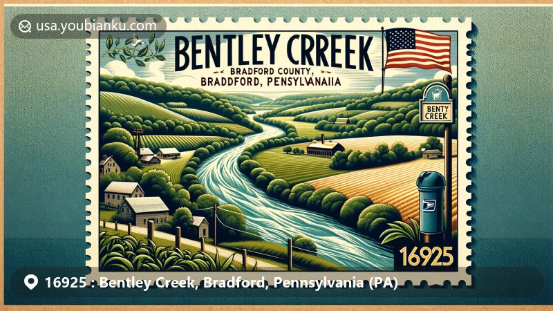 Modern illustration of Bentley Creek, Bradford County, Pennsylvania, displaying scenic beauty with rolling hills, farmland, and forests, featuring classic American mailbox and vintage postcard design.