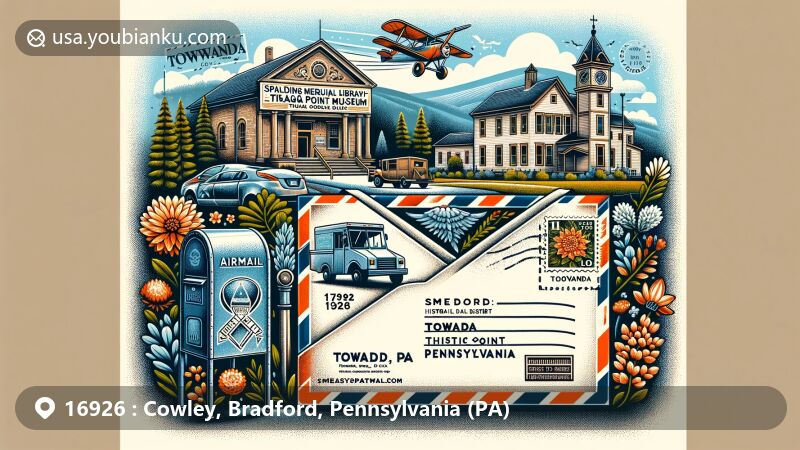 Modern illustration of Cowley, Bradford County, Pennsylvania, with postal theme and ZIP code 16926, showcasing Spalding Memorial Library-Tioga Point Museum and Towanda Historic District.