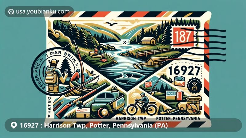 Modern illustration of Harrison Twp, Potter, Pennsylvania, highlighting natural beauty with rolling hills and lush forests, ideal for outdoor activities like fishing, hunting, hiking, and biking.