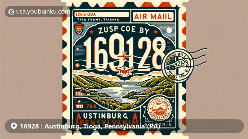 Modern illustration of Austinburg, Tioga County, Pennsylvania, inspired by an air mail envelope design with iconic regional symbols and vintage stamp featuring Pennsylvania Grand Canyon.