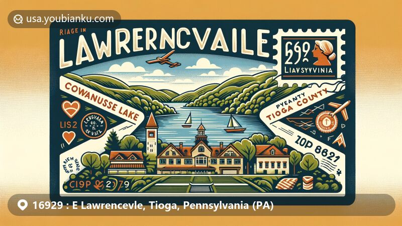 Modern illustration of Lawrenceville, Tioga County, Pennsylvania, capturing the scenic beauty of Cowanesque Lake amidst rolling hills, reflecting the outdoor spirit of the town, with ZIP code 16929 and postal elements.