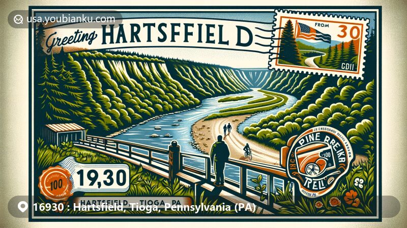 Modern illustration of Hartsfield area in Tioga County, Pennsylvania, featuring Pennsylvania Grand Canyon, Pine Creek Rail Trail, and ZIP code 16930, capturing natural beauty and outdoor activities.