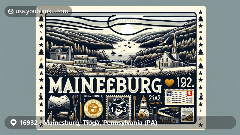 Modern illustration of Mainesburg, Tioga County, Pennsylvania, integrating local and postal elements, showcasing rural landscape beauty and outdoor activities like hiking and camping, featuring Pennsylvania state flag, Tioga County outline, and postal symbols with ZIP code 16932.
